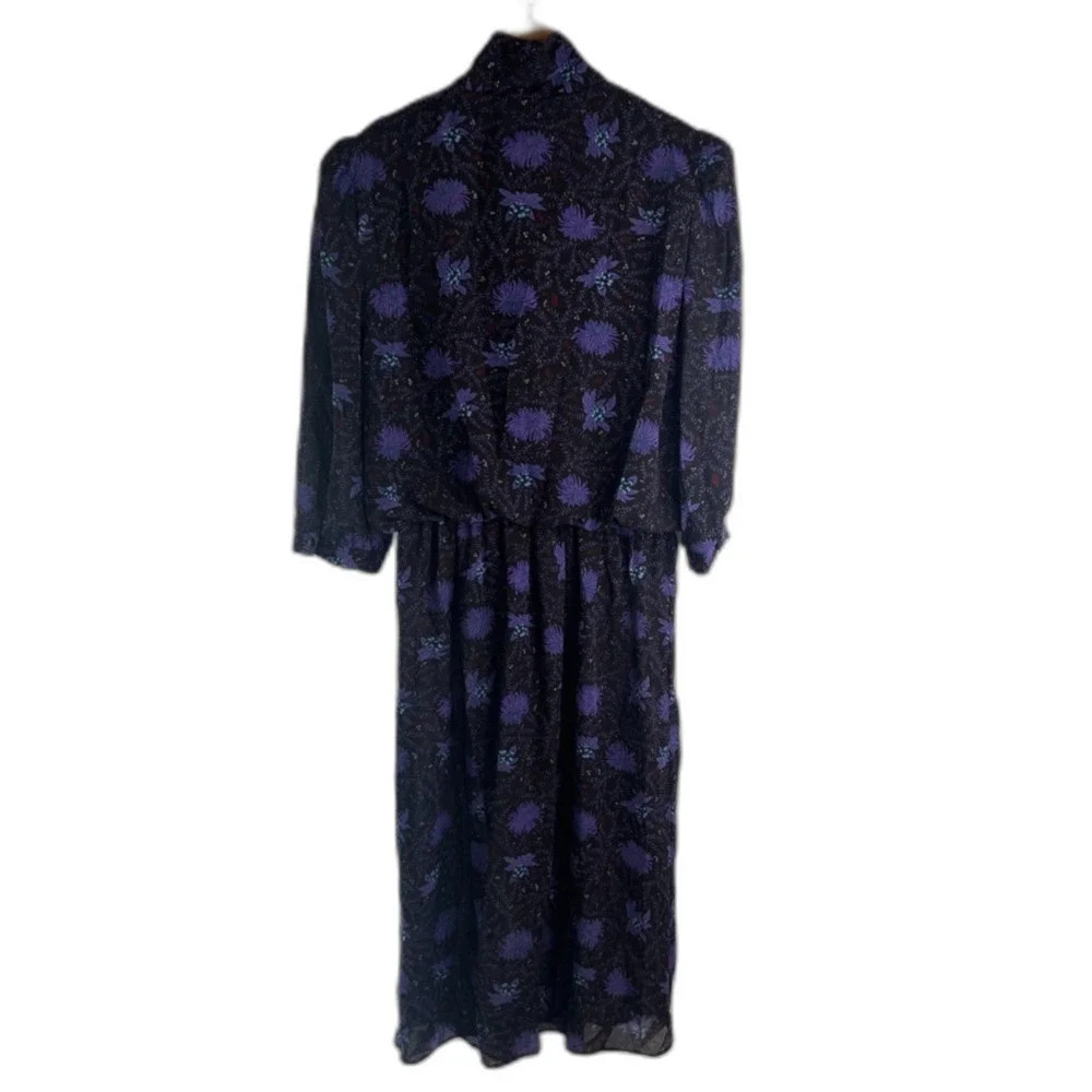 Alison Peters VTG Made in USA Purple Floral Blouson‎ Tie Neck Maxi Dress SZ 14 - Picture 2 of 9